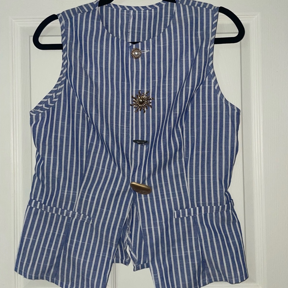 SHEIN Blue & White Vertical Stripe Sleeveless Detailed Button Vest